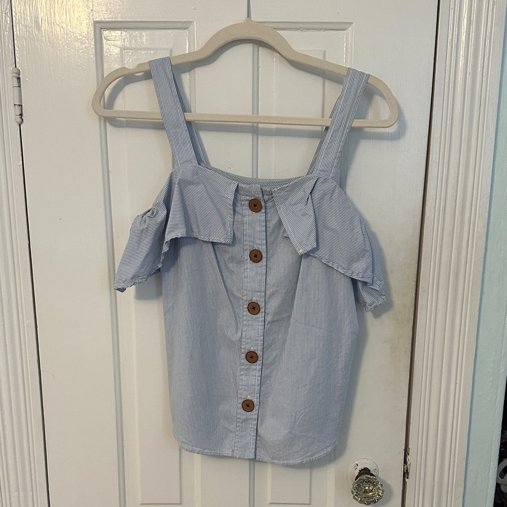 Maeve Light Blue Button-Front Ruffle Top